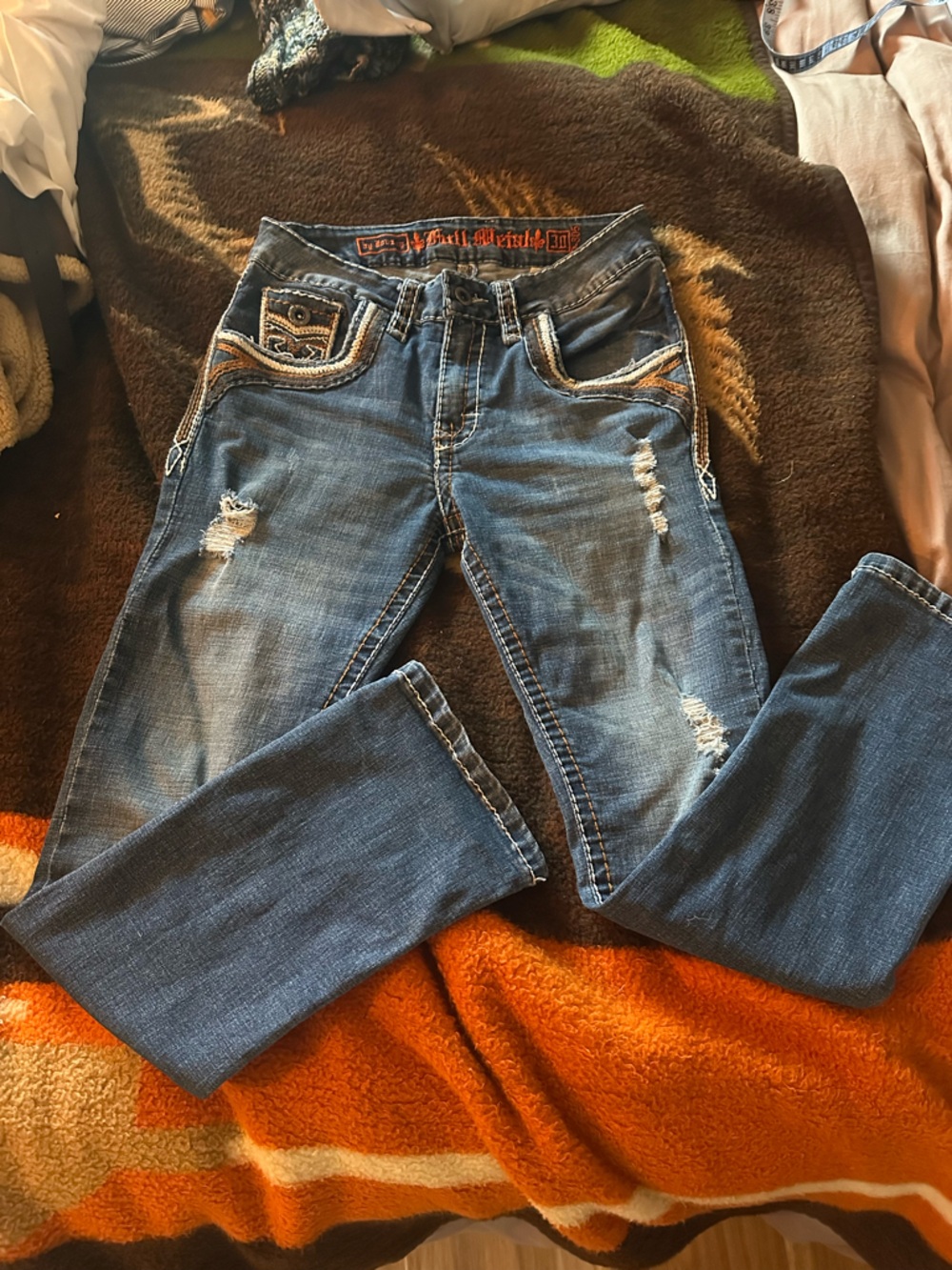 Boot-Cut Distressed Dark Blue Jeans with Embroidered Pockets